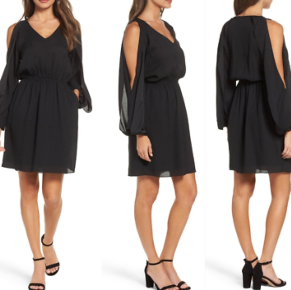 💟 Sans Souci Women's Small Black Cold Shoulder Wrap Mini Dress